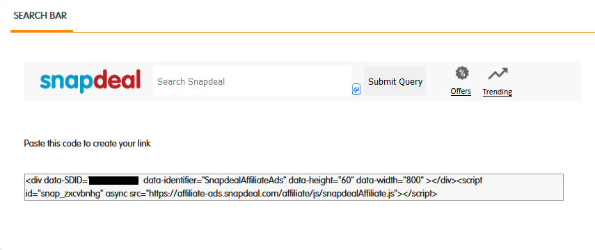 Snapdeal affiliate search bar